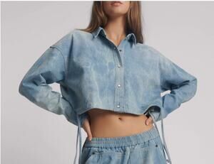 One Teaspoon Cloudy Blue Denim Bubble Shirt Sm Cropped Tie Dye Jacket NWT